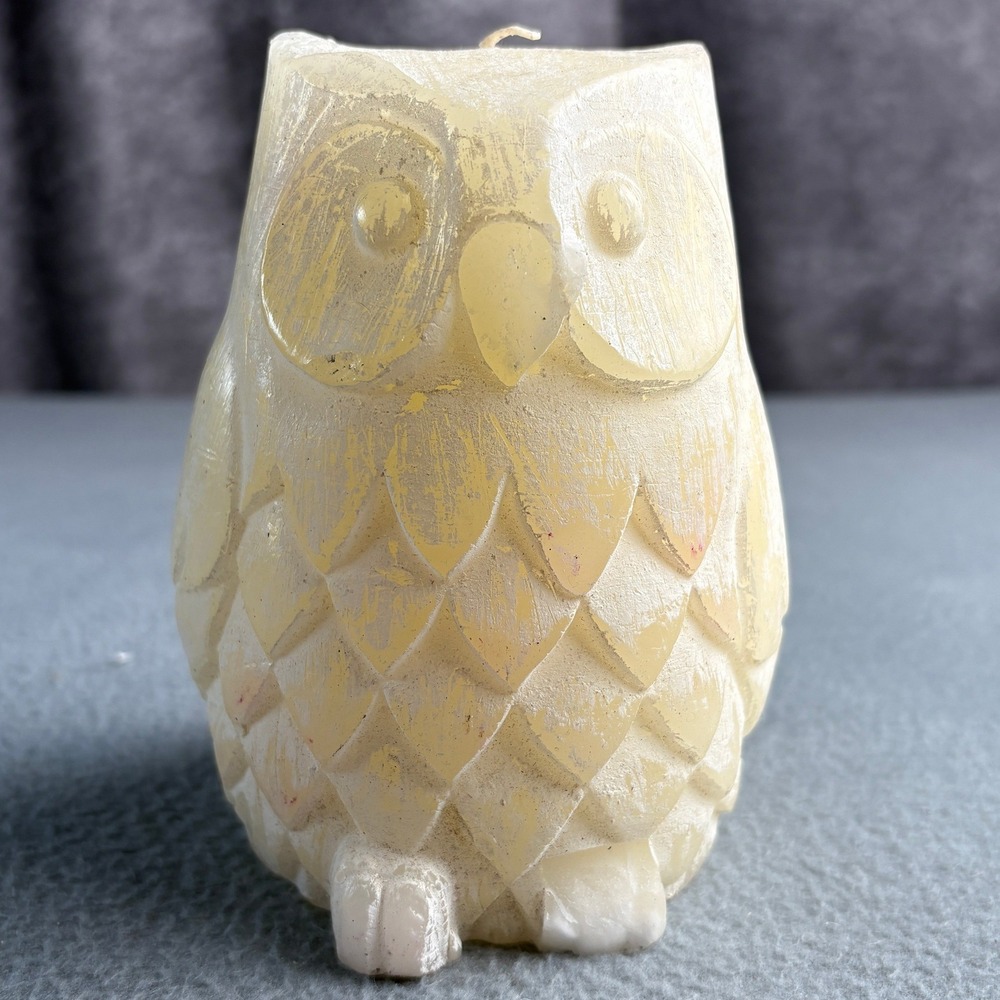 Vintage Cream Owl Pillar Candle Textured Bird Decor Rustic Figurine